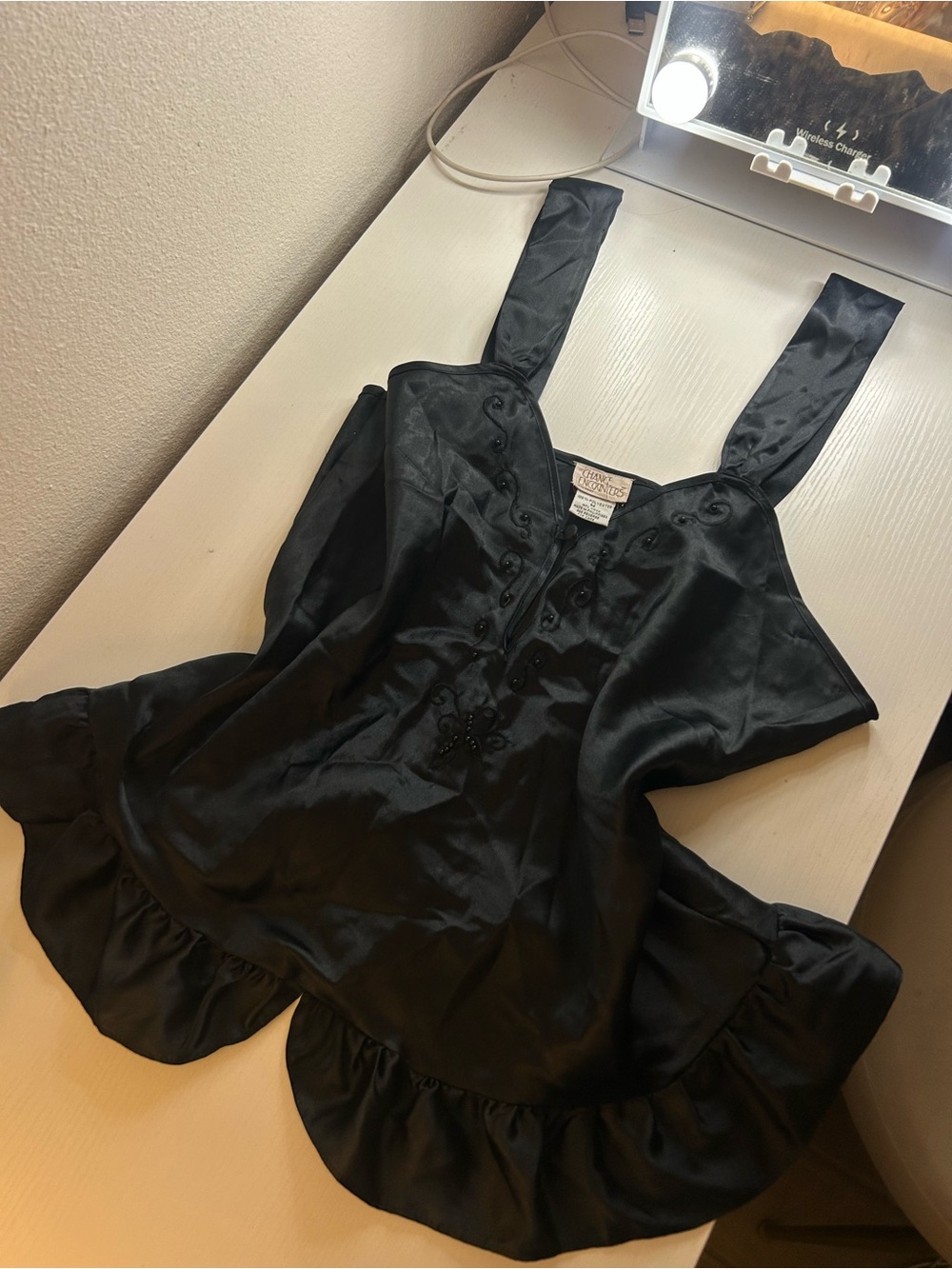 Black Satin Ruffle-Hem Chemise with Wide Straps